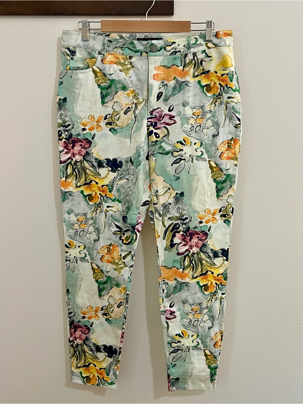 Peruvian Connection Floral Skinny Pants Size 12 Watercolor Cotton Stretch